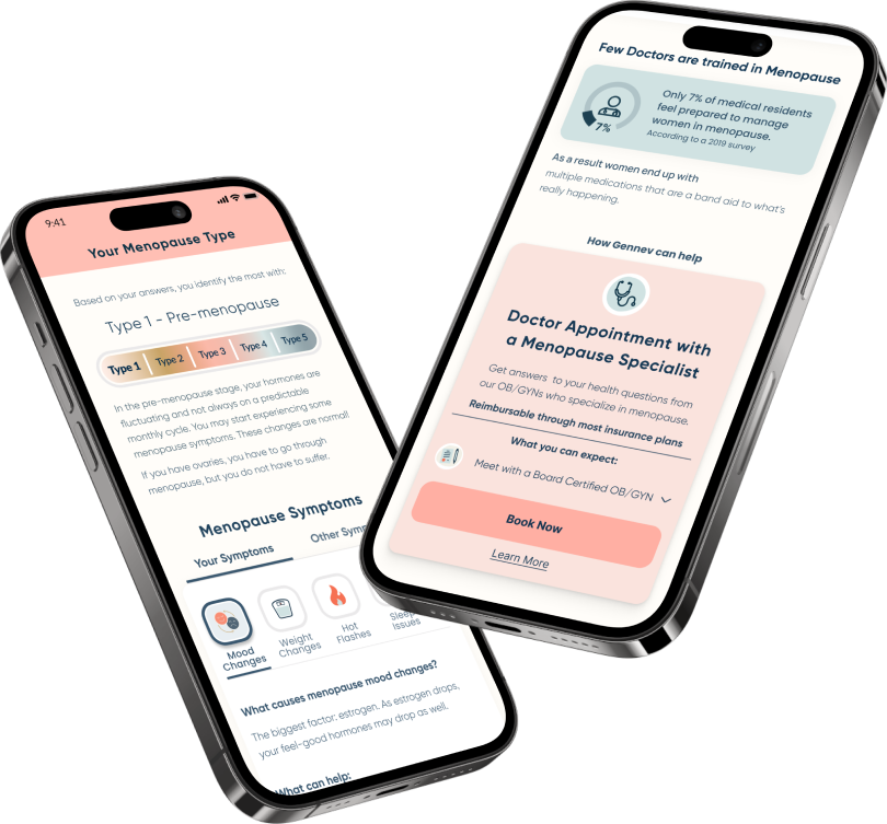 Two iPhones with a re-designed version of Gennev's menopause assessment